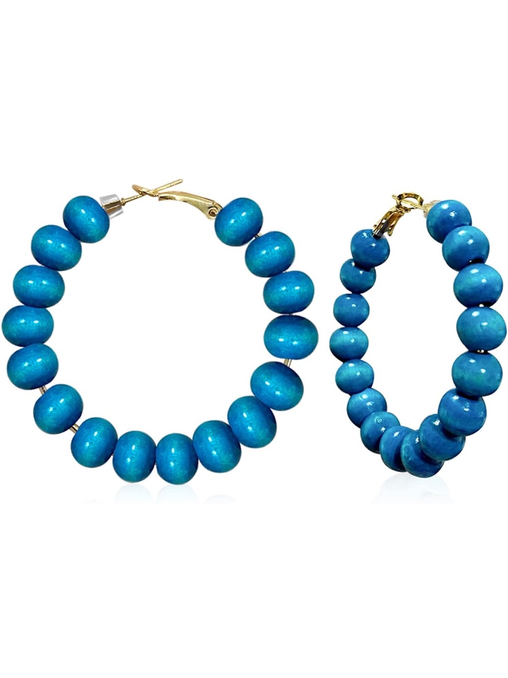 NWT Handmade Boho Bright Turquoise Wood Beads Hoop Earrings